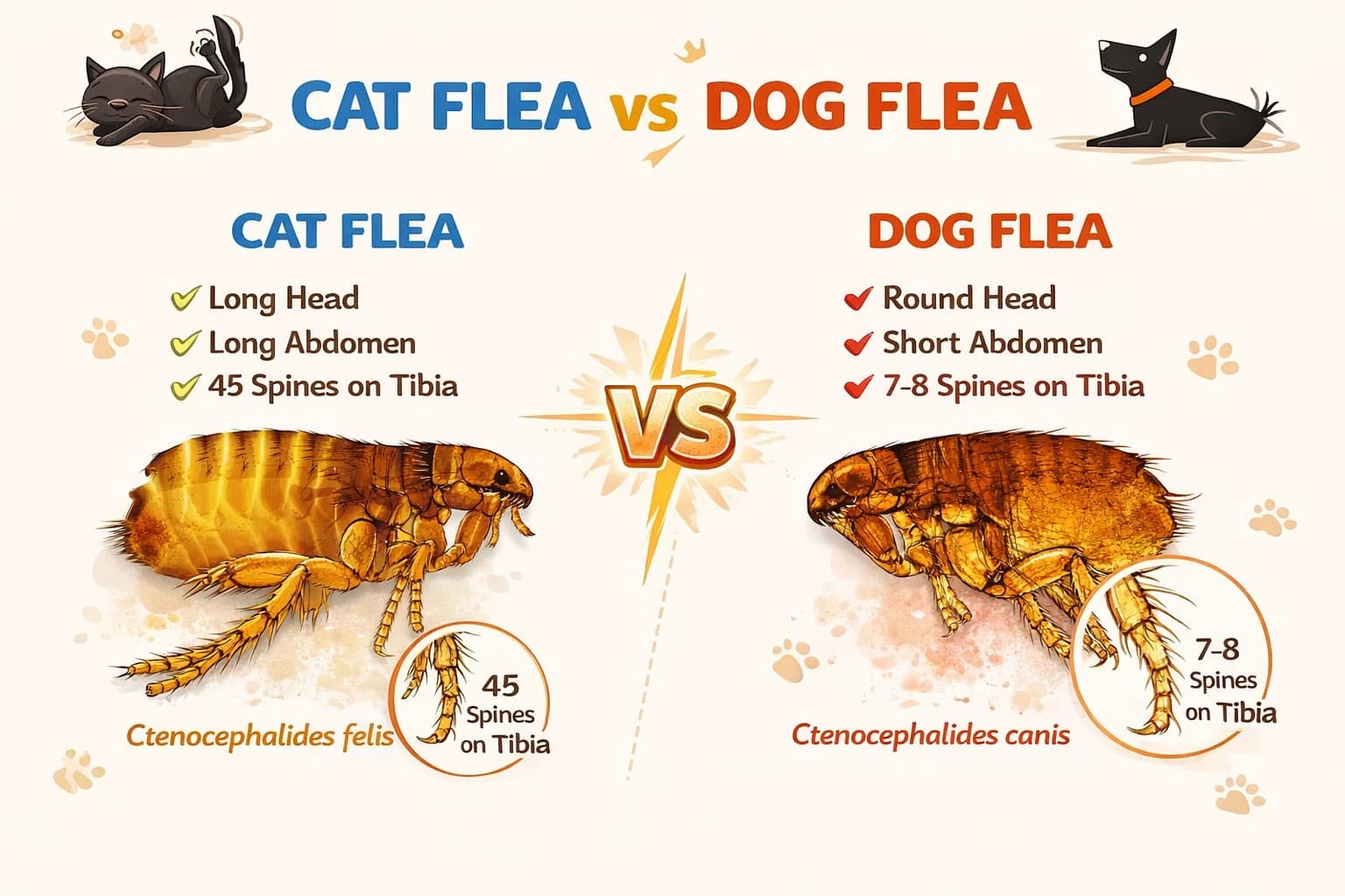Infographic comparing cat flea and dog flea anatomy including head shape, abdomen length, and tibia spines