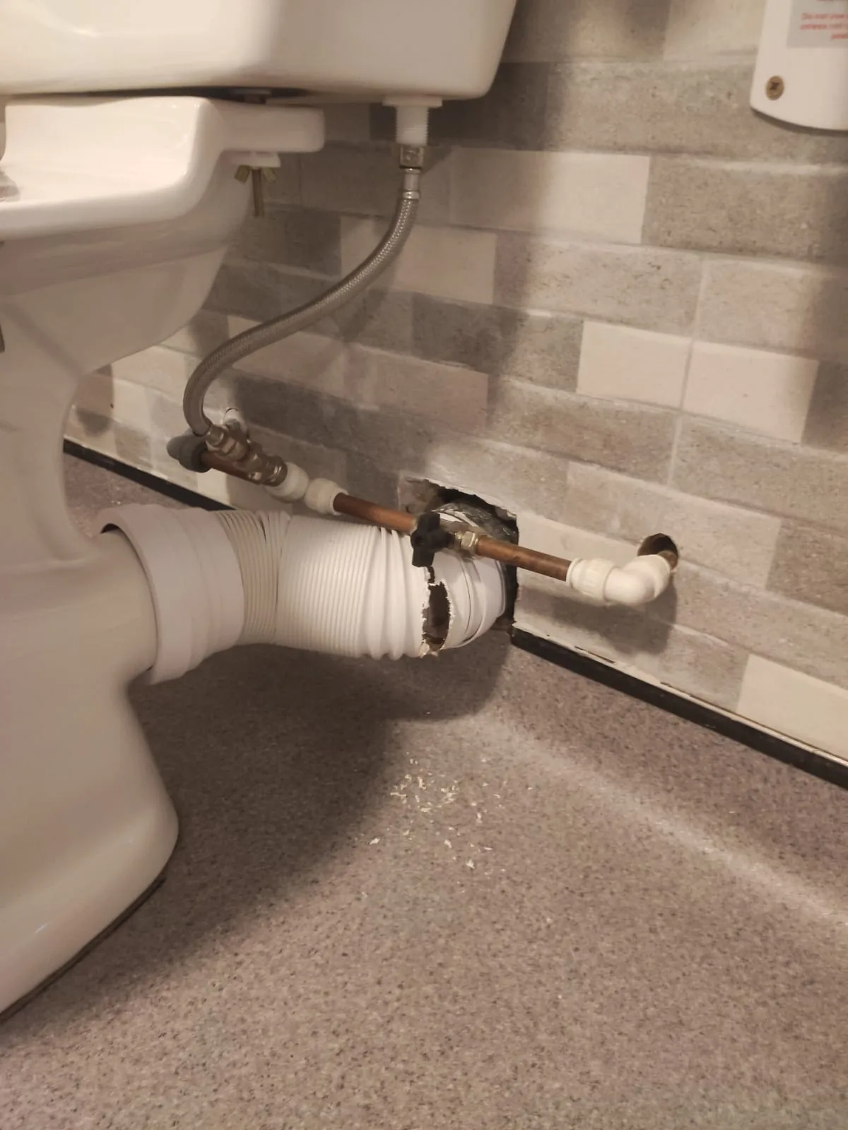 Bathroom toilet waste pipe damaged by rats gnawing through to access the property from drains