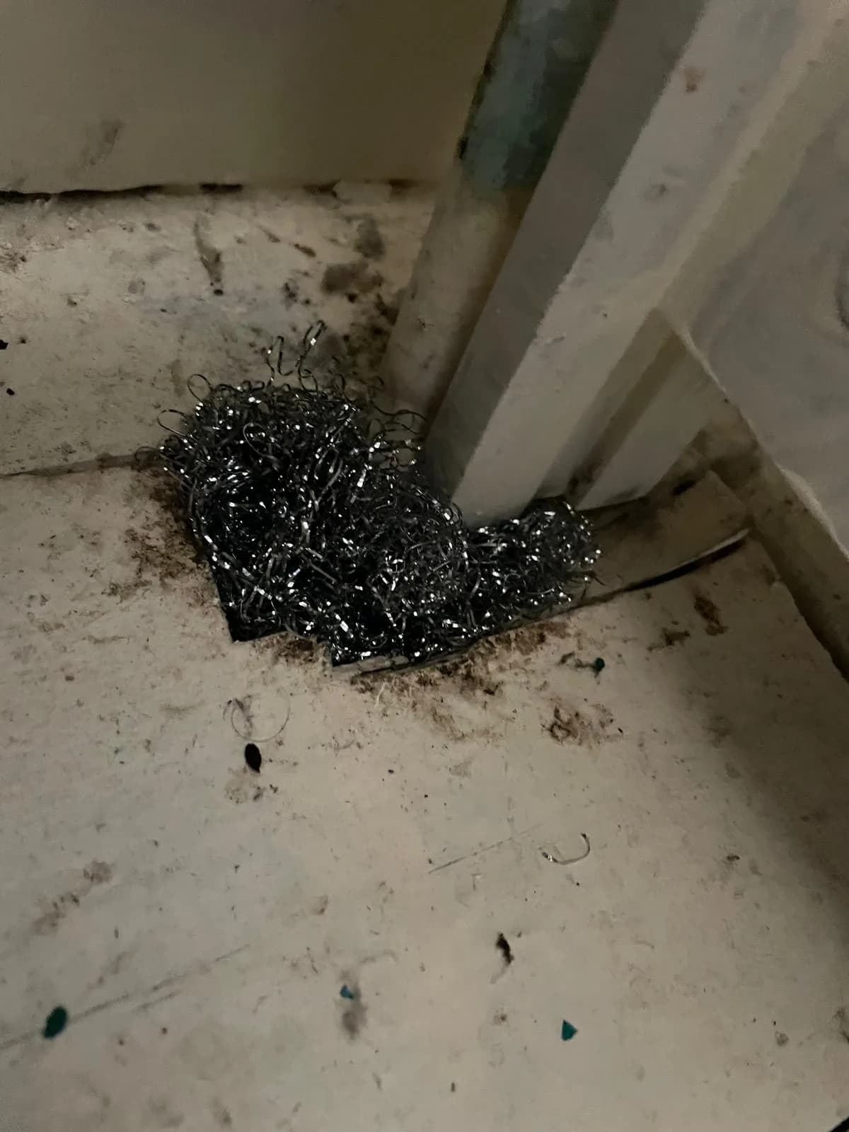 Steel wool used to block a mouse entry point around pipework