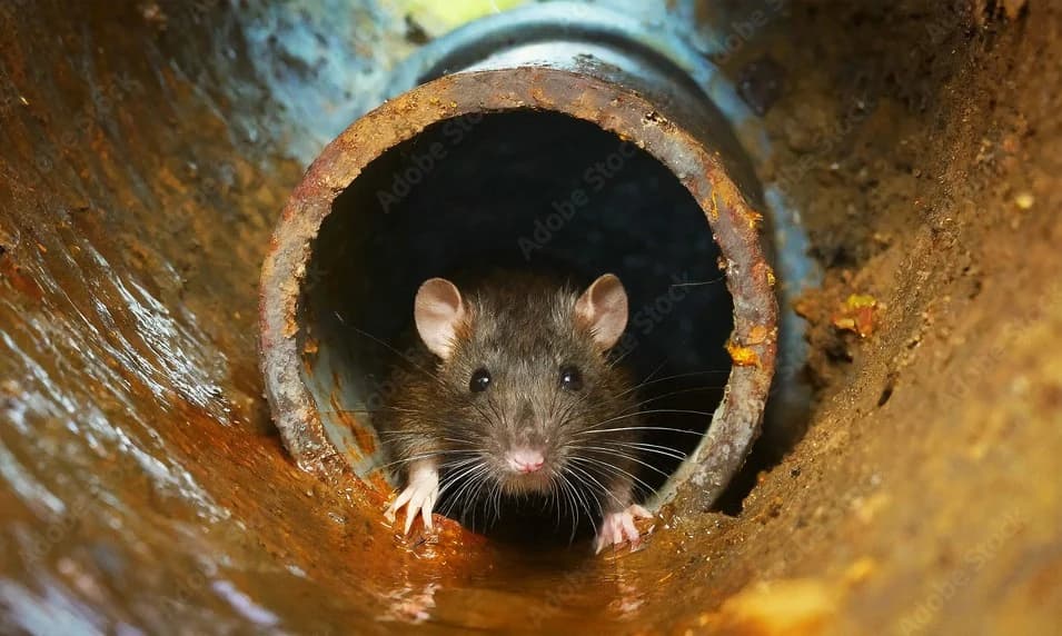 Brown rat emerging from a sewer pipe showing the type of rodent that leaves droppings in properties
