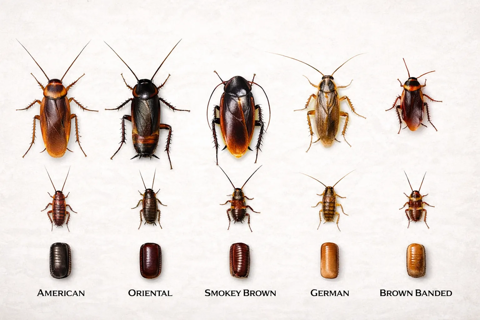 Comparison chart of cockroach species found in the UK — German, Oriental, American, brown-banded, and smoky brown Comparison chart of cockroach species found in the UK — German, Oriental, American, brown-banded, and smoky brown